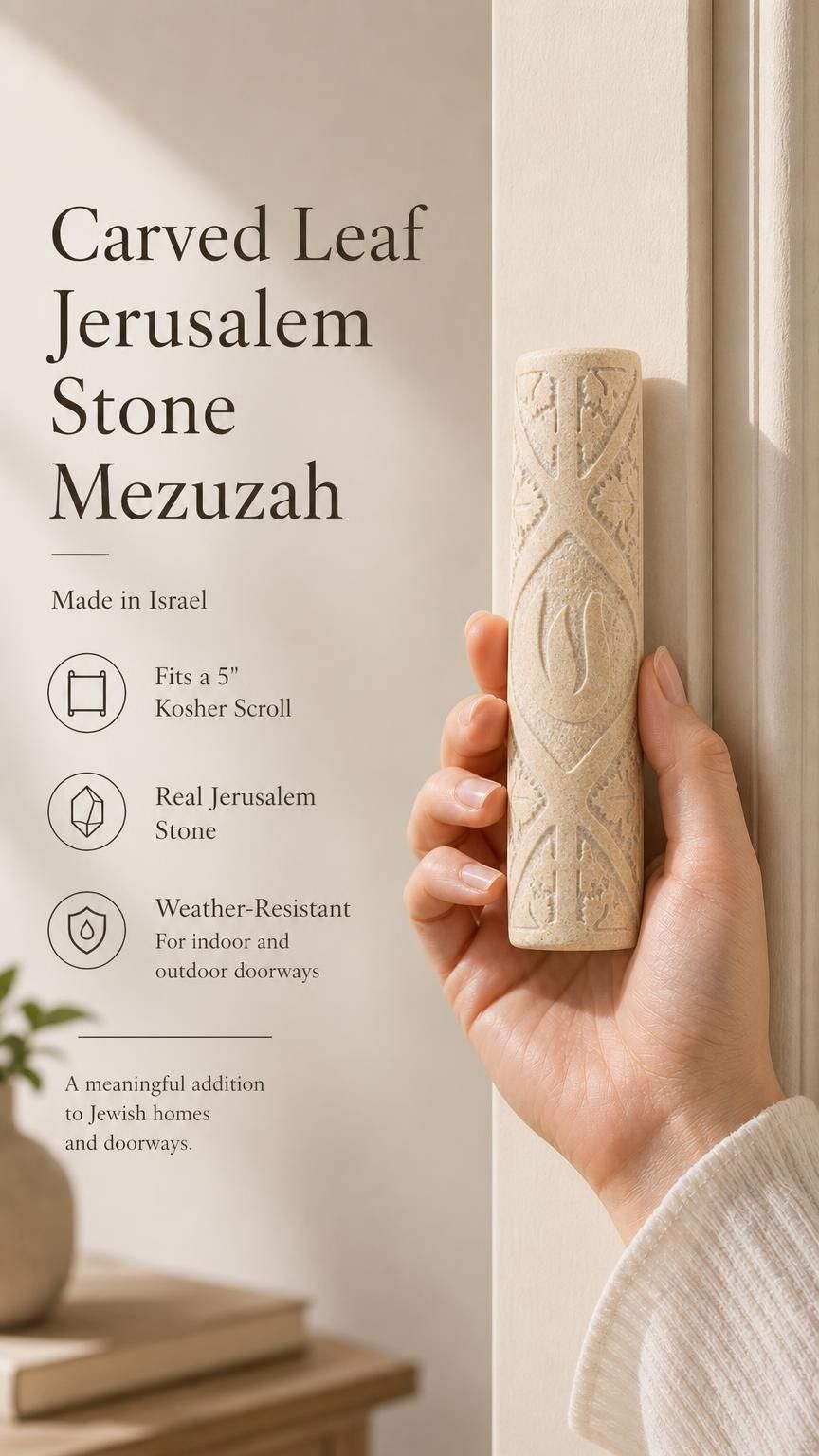 Person holding the authentic Jerusalem stone mezuzah, showcasing its carved leaf motif and natural cream color.