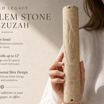Person holding carved Jerusalem Stone Mezuzah showing Hebrew letter Shin for large entrance doors.
