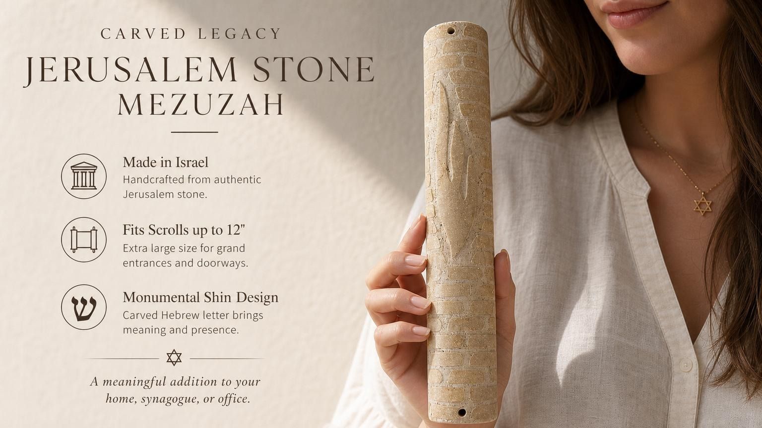Person holding carved Jerusalem Stone Mezuzah showing Hebrew letter Shin for large entrance doors.