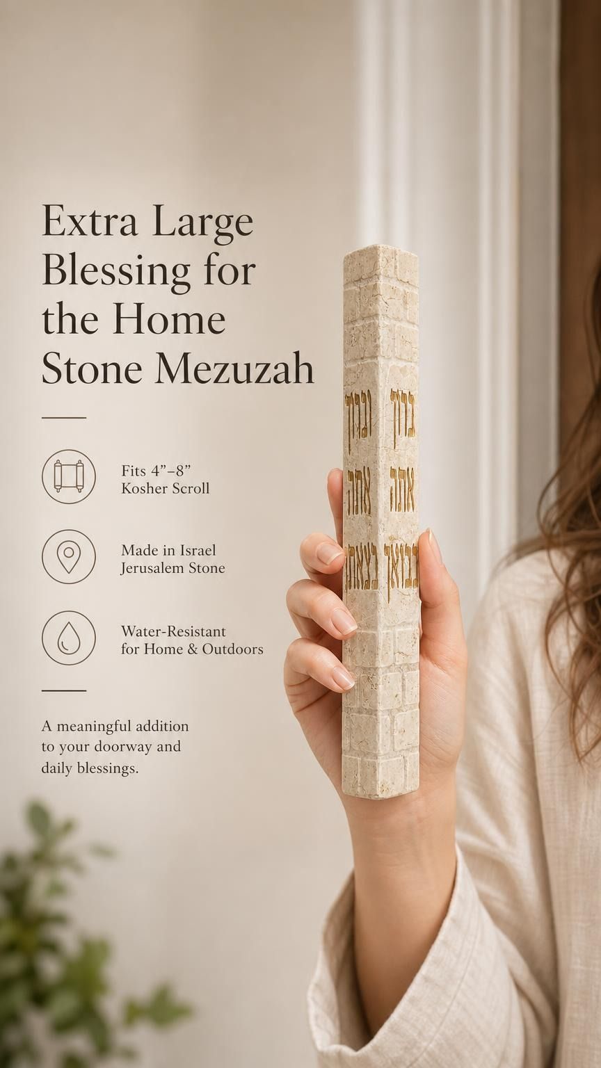 Hand holding the Birkat HaBayit cream Jerusalem stone mezuzah showing the gold home blessing lettering.