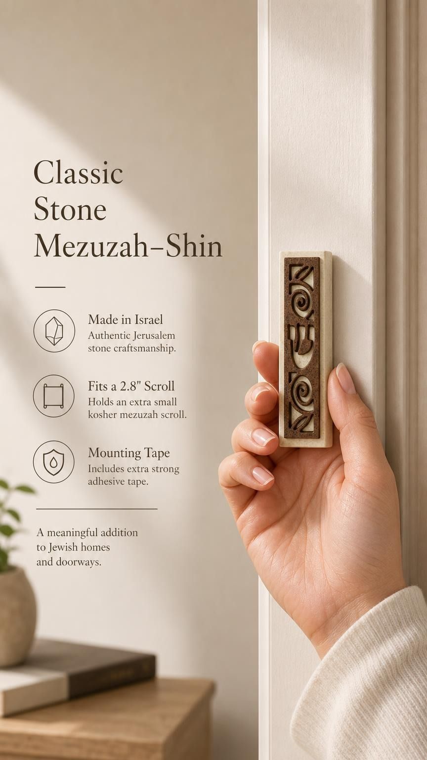 Close-up of a person holding a Jerusalem stone mezuzah, showcasing texture, shape, and size, in a soft natural light setting for store display.