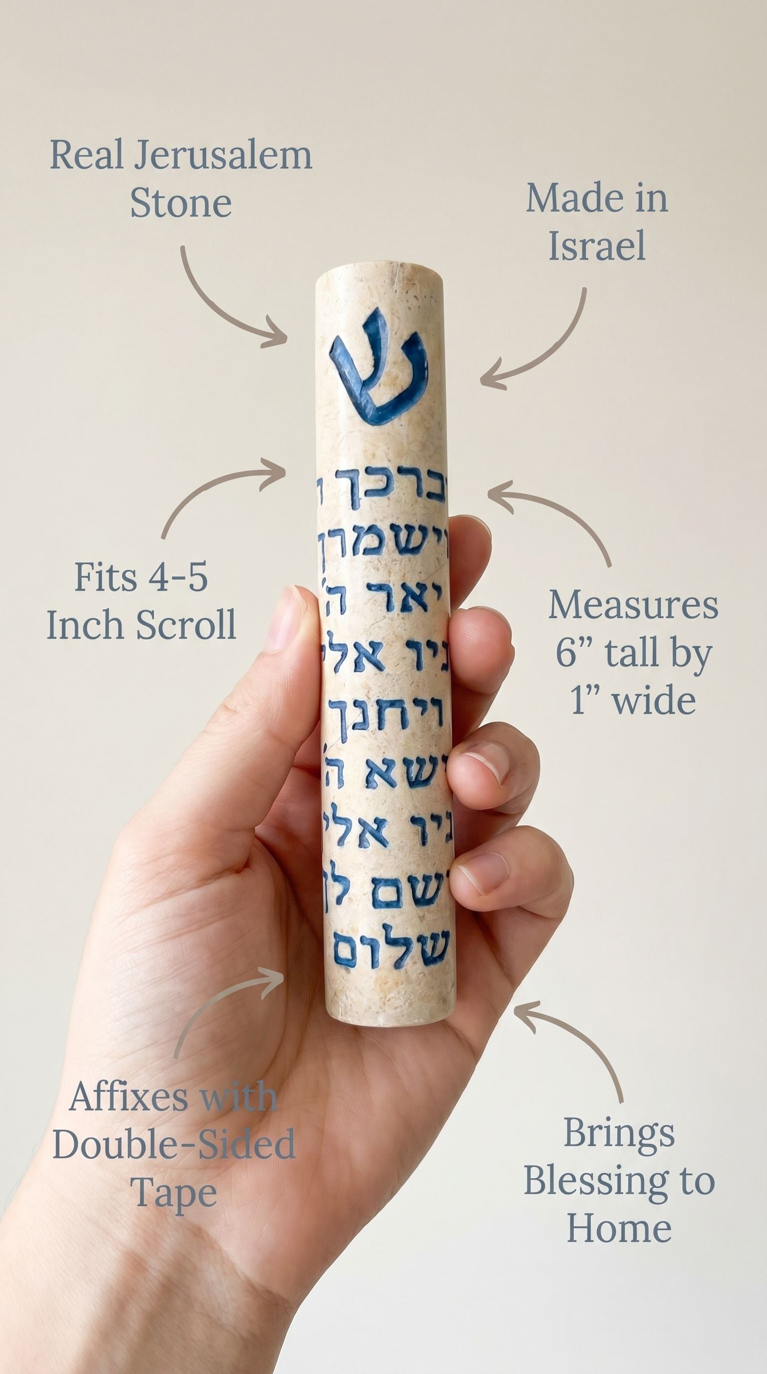 Hand holding the threefold Blessing Jerusalem stone mezuzah case with blue Shin and full Hebrew Birkat Kohanim inscription in a minimalist style, emphasizing material, size, and mounting details for religious decor.