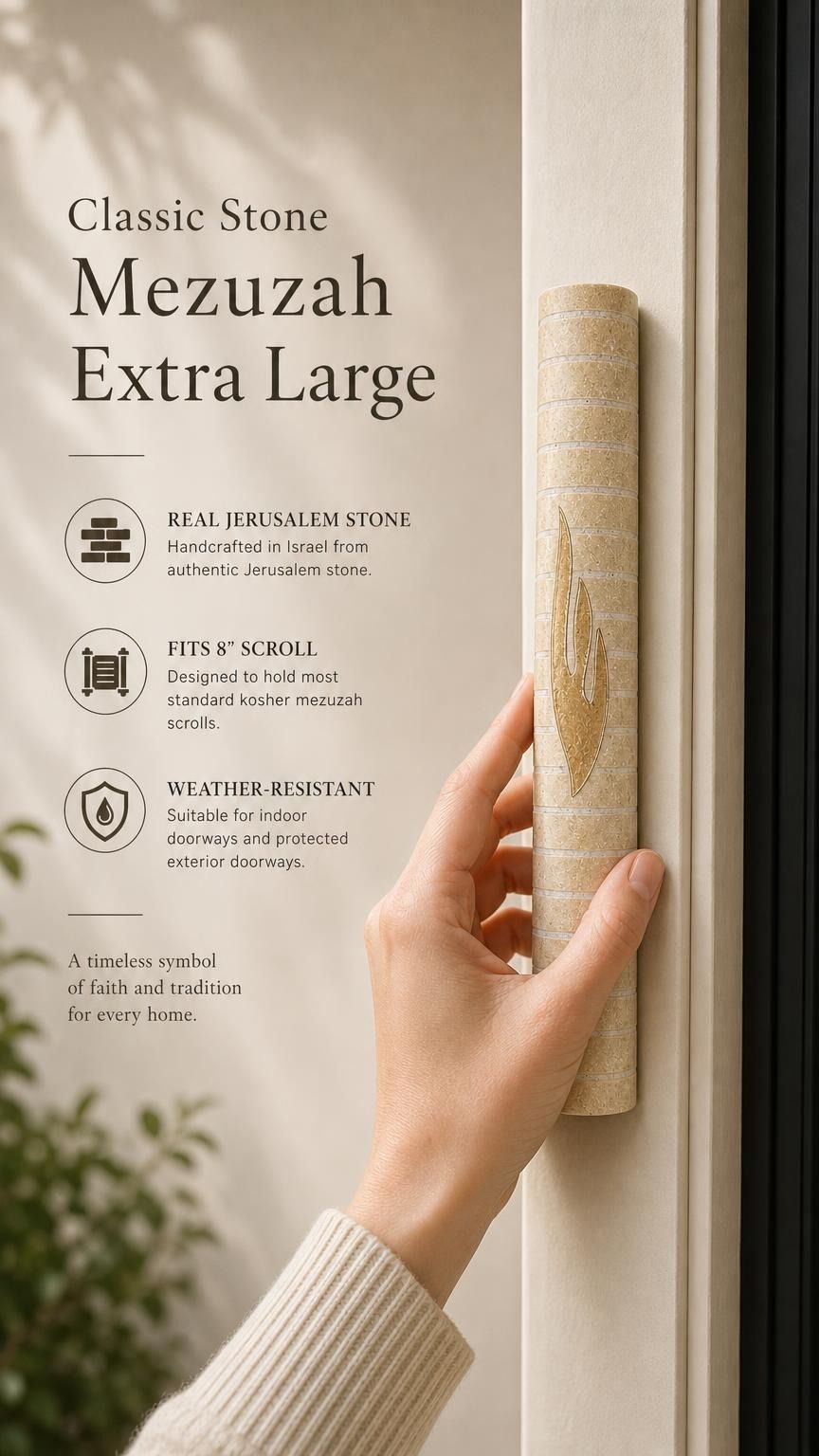 Person holding Jerusalem stone mezuzah showing texture and size, with neutral background for focus.