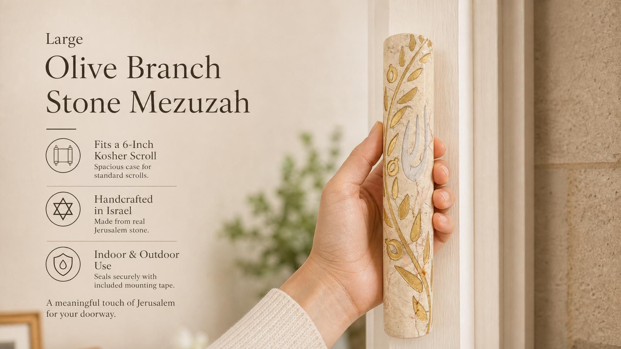 Person holding a large Jerusalem stone mezuzah with gold olive branch and Hebrew Shin in a key demonstration of size and craftsmanship.