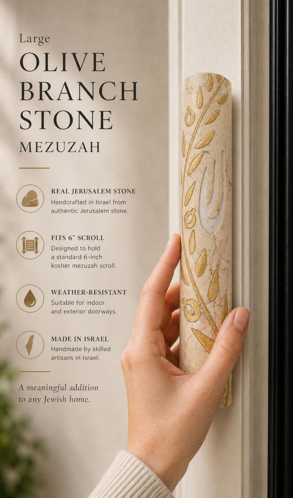 Person holding the large Jerusalem stone mezuzah featuring olive branch and Shin symbol, showcasing natural stone texture and design.