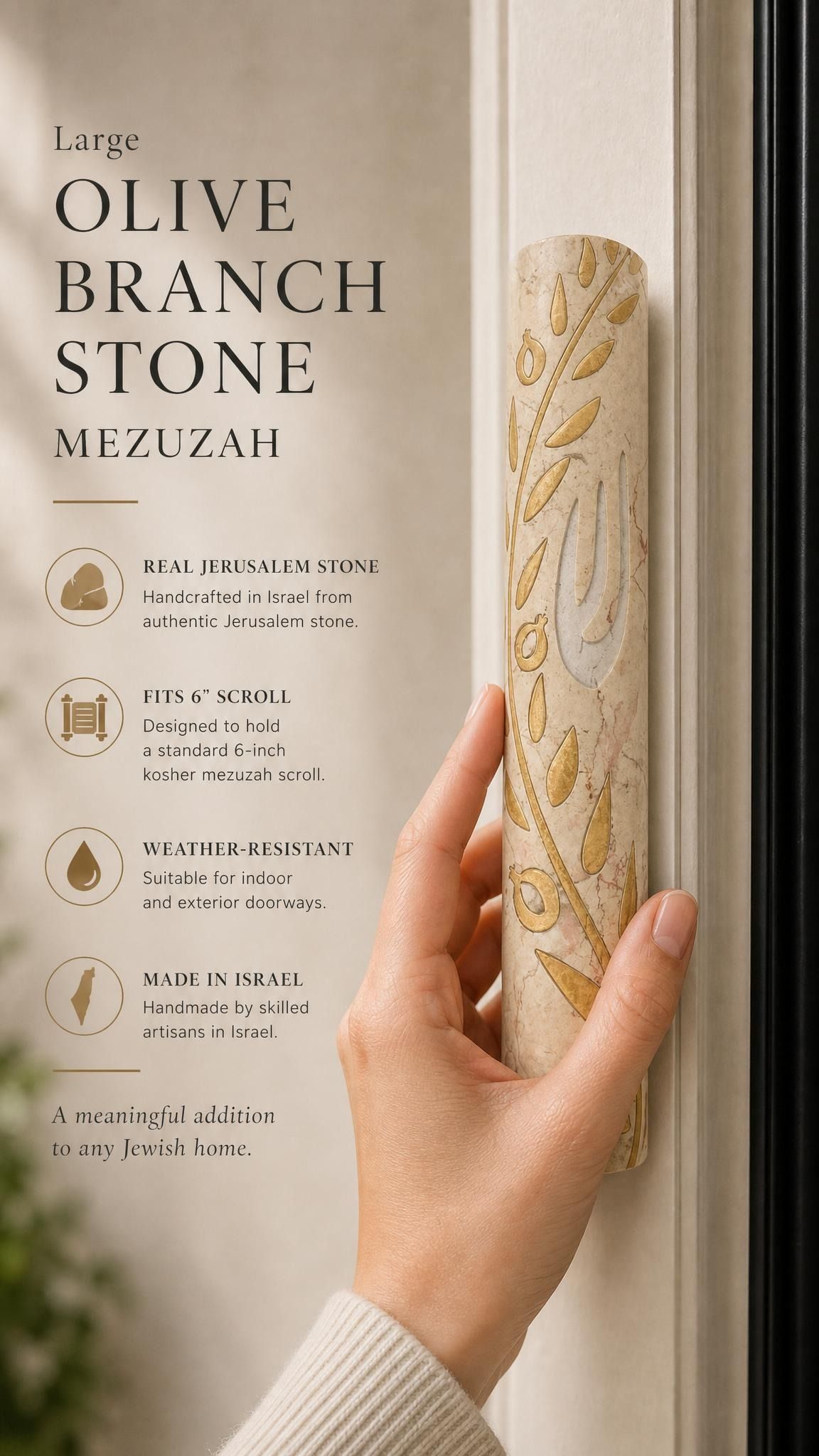 Person holding the large Jerusalem stone mezuzah featuring olive branch and Shin symbol, showcasing natural stone texture and design.