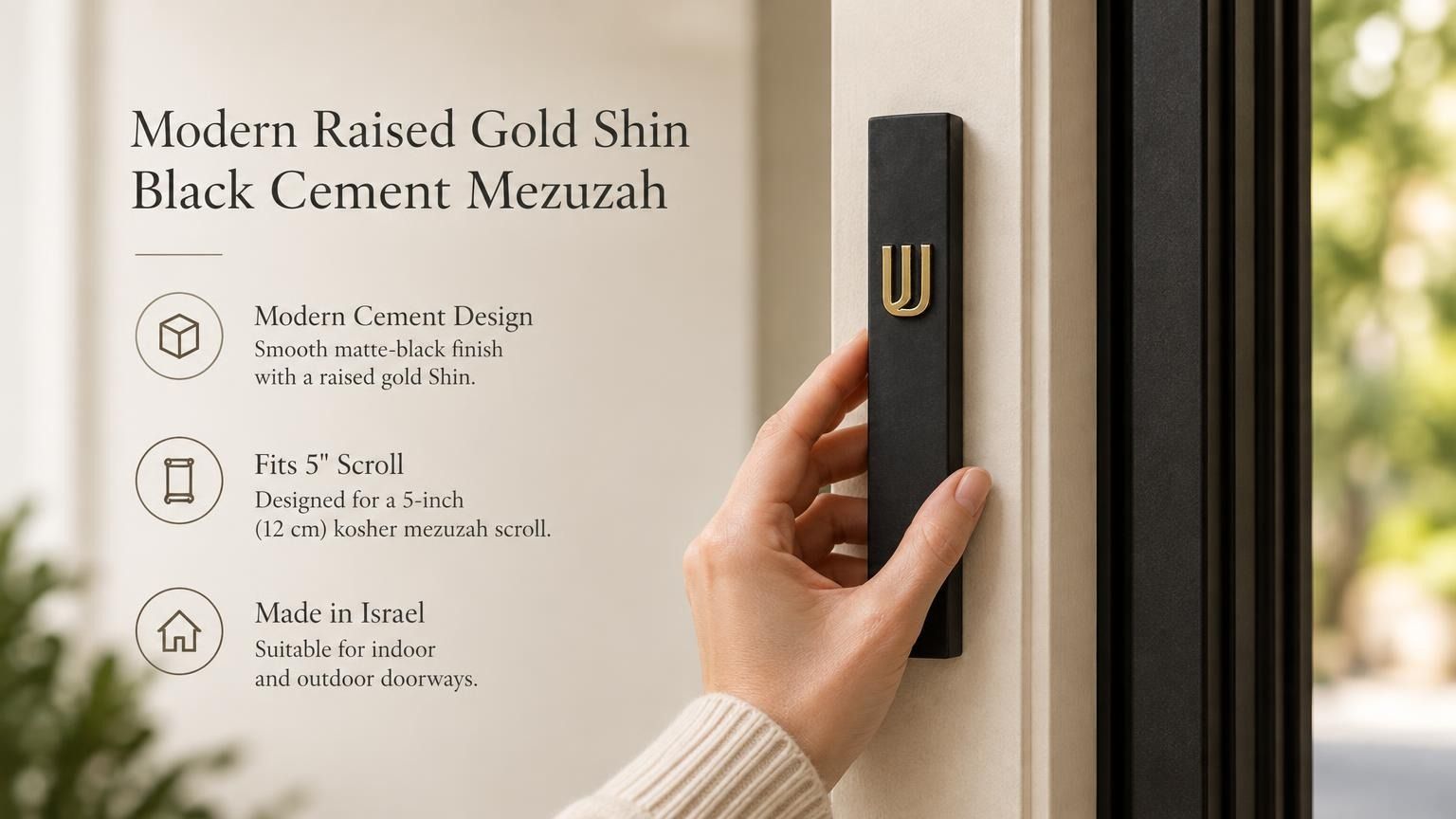 A person holding a Timeless black cement mezuzah case made in Israel with a raised gold Shin, narrow six-inch profile, and clean contemporary design mounted on a doorway