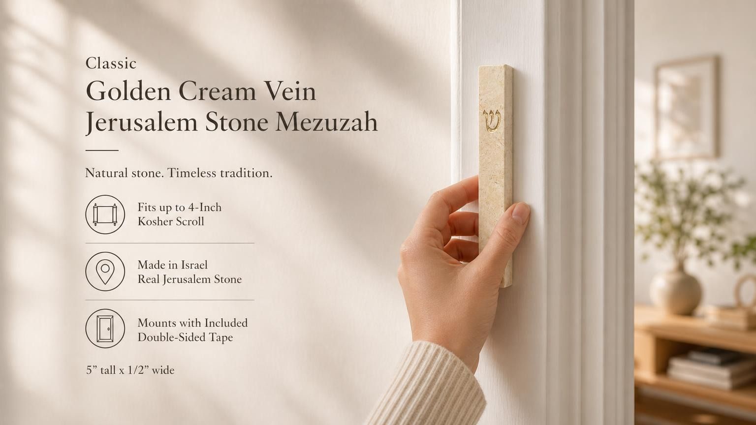 Person holding the classic golden cream vein Jerusalem stone mezuzah case in natural warm lighting mounted to the doorway with product feature callouts