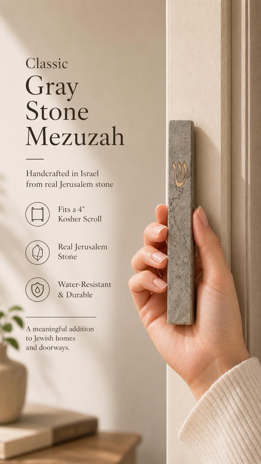 Person naturally holding the handcrafted gray Jerusalem stone mezuzah, showcasing its texture and size in a premium style.