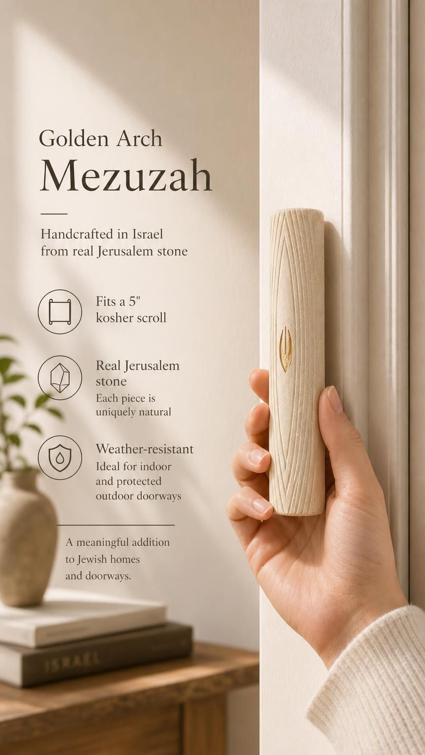 Person holding the authentic Jerusalem stone Golden Arch Mezuzah showing its texture and craftsmanship for a premium store display.