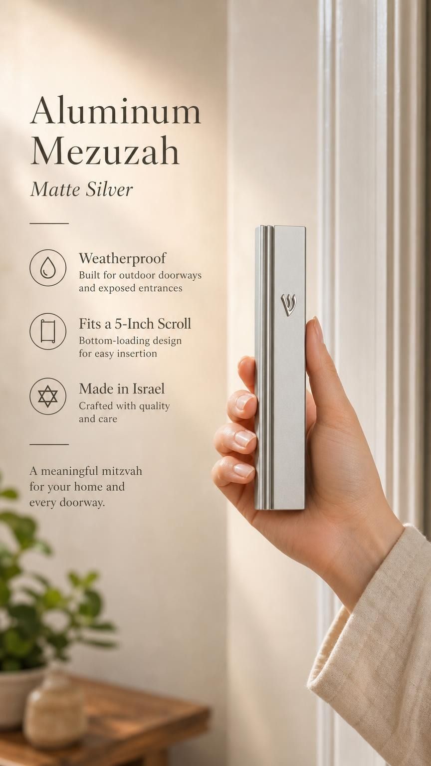 Person naturally holding the aluminum matte silver mezuzah, showcasing its true size and details for online store presentation.