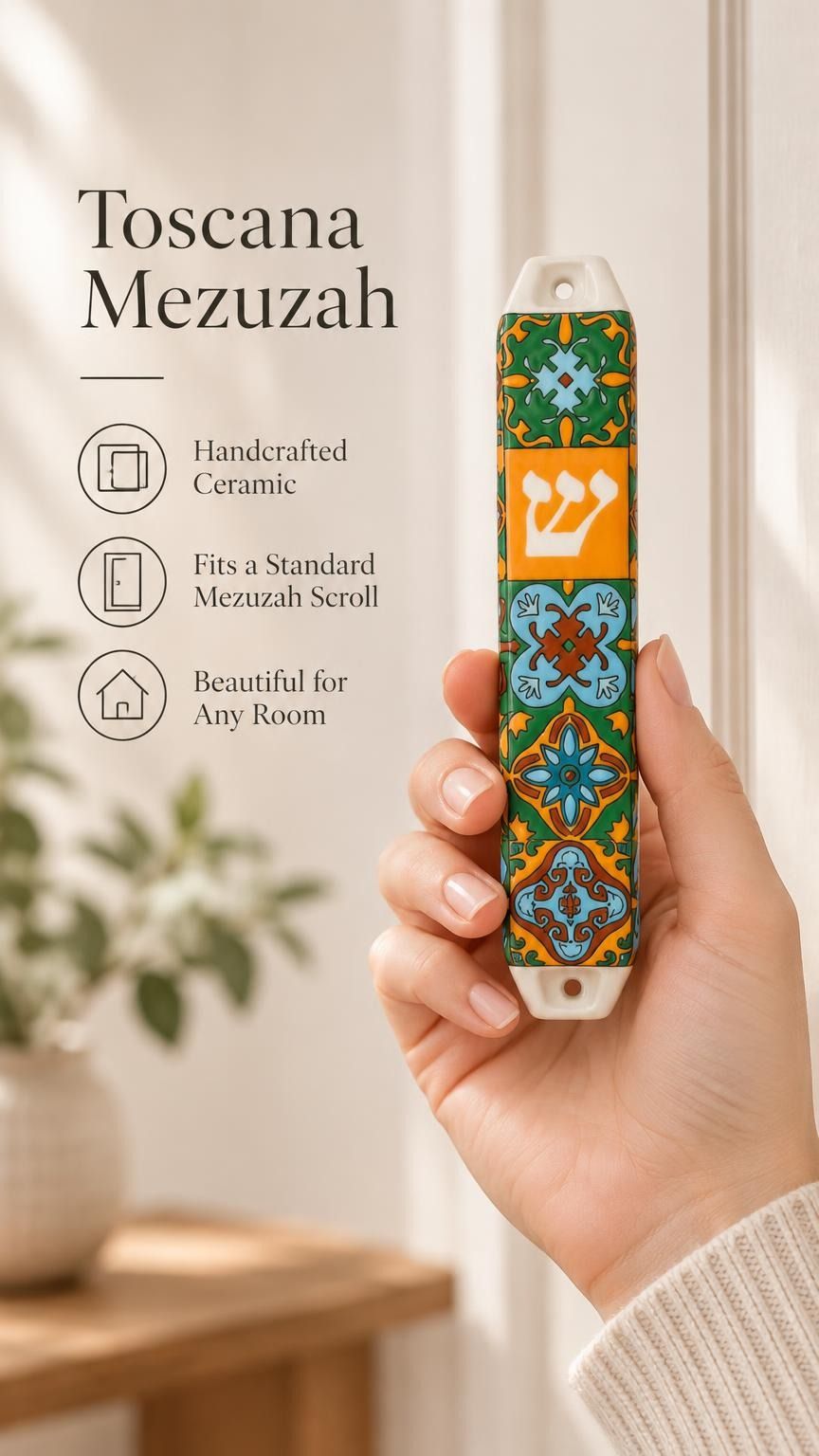 Hand holding the Toscana ceramic mezuzah case featuring intricate geometric patterns and a central Hebrew letter Shin.