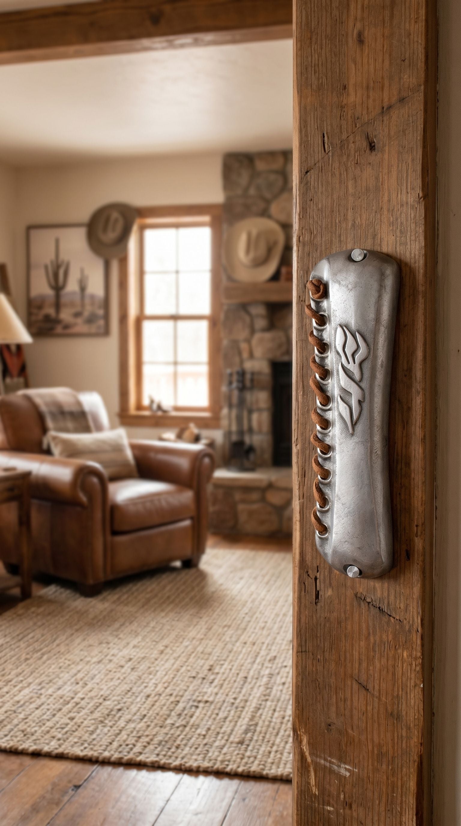 Artisan handcrafted pewter mezuzah with leather lacing and Hebrew Shin, Dalet, Yud motif, mounted on a doorway for Jewish home.