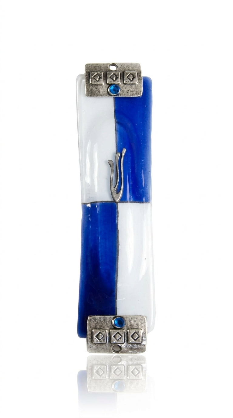 Elegant hand-painted glass Mezuzah in aqua and white with silver textured accents, designed for home door blessing and tradition.
