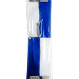 Elegant hand-painted glass Mezuzah in aqua and white with silver textured accents, designed for home door blessing and tradition.