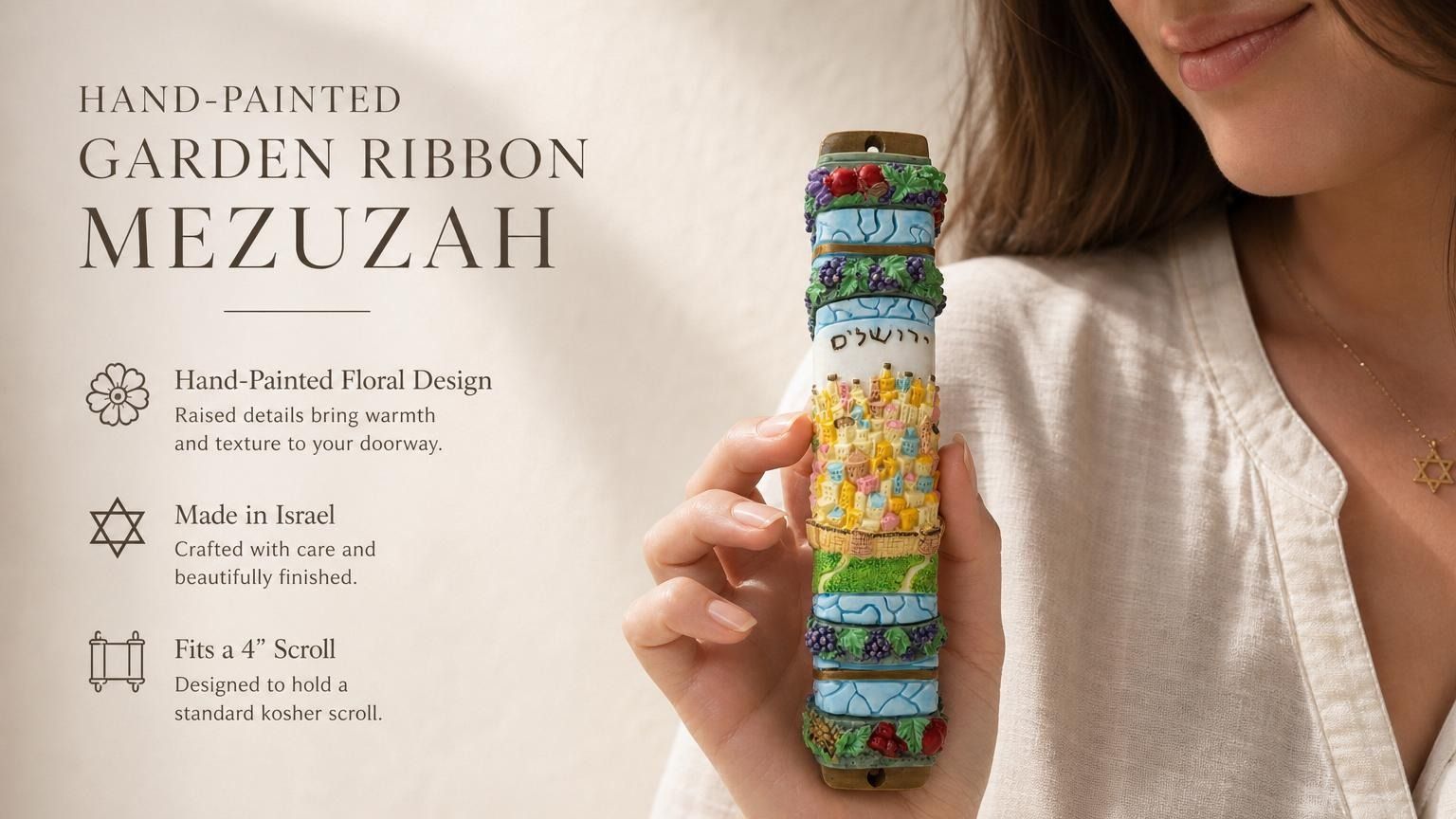 Hand-painted garden ribbon mezuzah with floral design and raised flower details for doorway decoration.