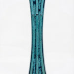 Hand-Painted Patina Pewter mezuzah case with blue-green enamel, slim hourglass shape, raised ribbed texture, and 2.8-inch scroll fit