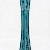 Hand-Painted Patina Pewter mezuzah case with blue-green enamel, slim hourglass shape, raised ribbed texture, and 2.8-inch scroll fit