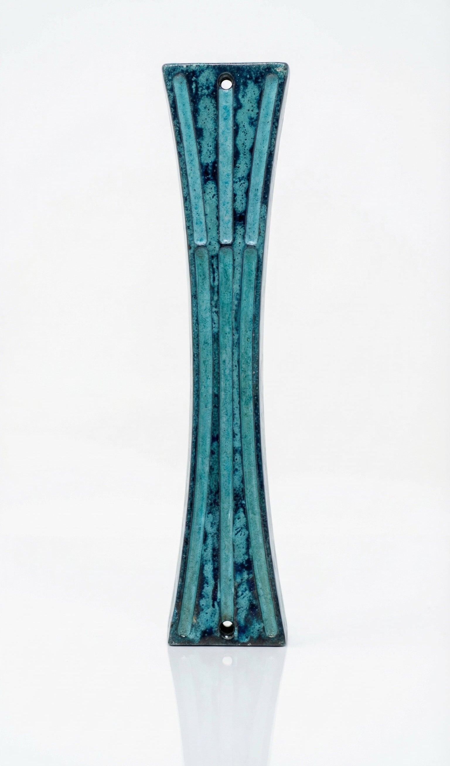Hand-Painted Patina Pewter mezuzah case with blue-green enamel, slim hourglass shape, raised ribbed texture, and 2.8-inch scroll fit