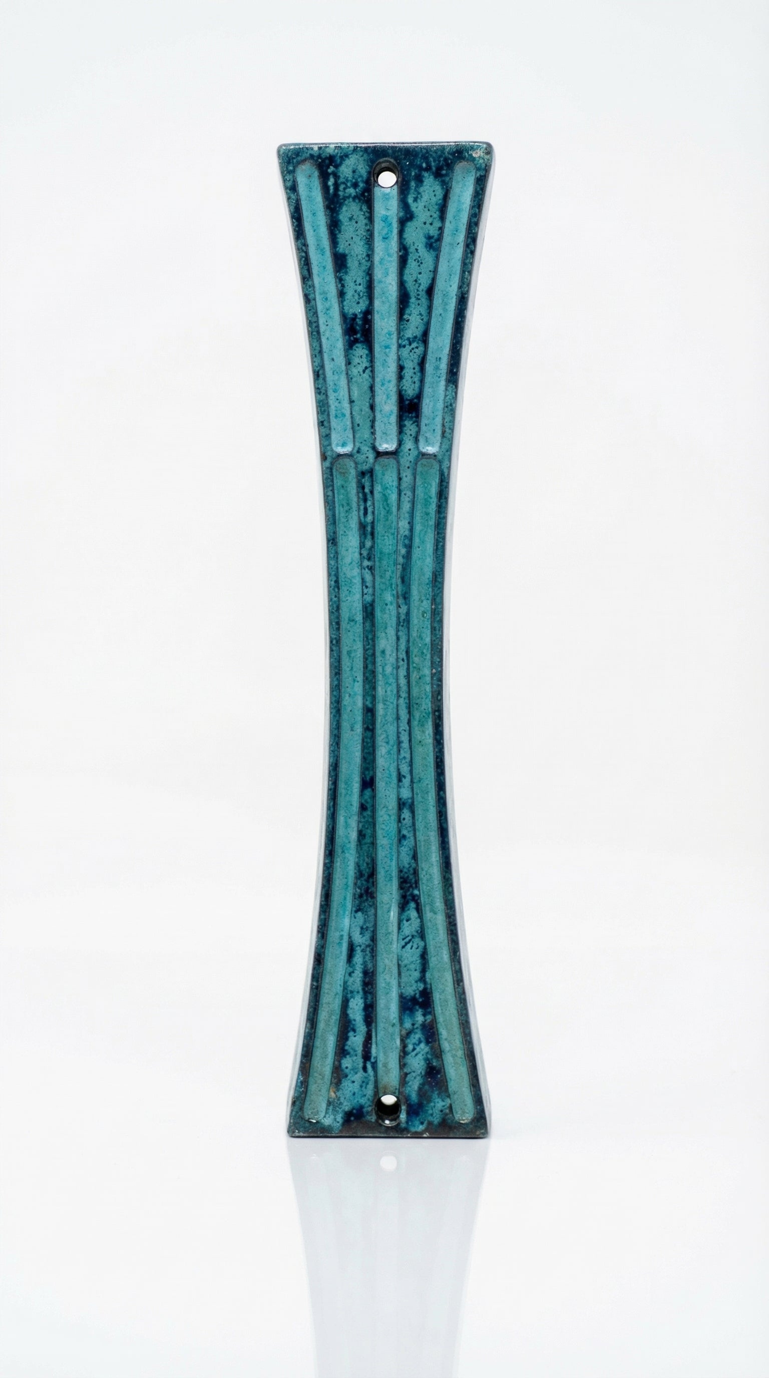 Hand-Painted Patina Pewter mezuzah case with blue-green enamel, slim hourglass shape, raised ribbed texture, and 2.8-inch scroll fit