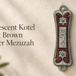 Pearlescent Kotel Heart brown pewter mezuzah case with silver Shin, Kotel detail and heart-shaped Stars of David