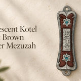 Pearlescent Kotel Heart brown pewter mezuzah case with silver Shin, Kotel detail and heart-shaped Stars of David