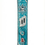 Elegant hand-painted pewter mezuzah case with turquoise enamel, silver detailing, and symbols of Jewish faith on a clean white background with soft reflection.