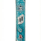 Elegant hand-painted pewter mezuzah case with turquoise enamel, silver detailing, and symbols of Jewish faith on a clean white background with soft reflection.