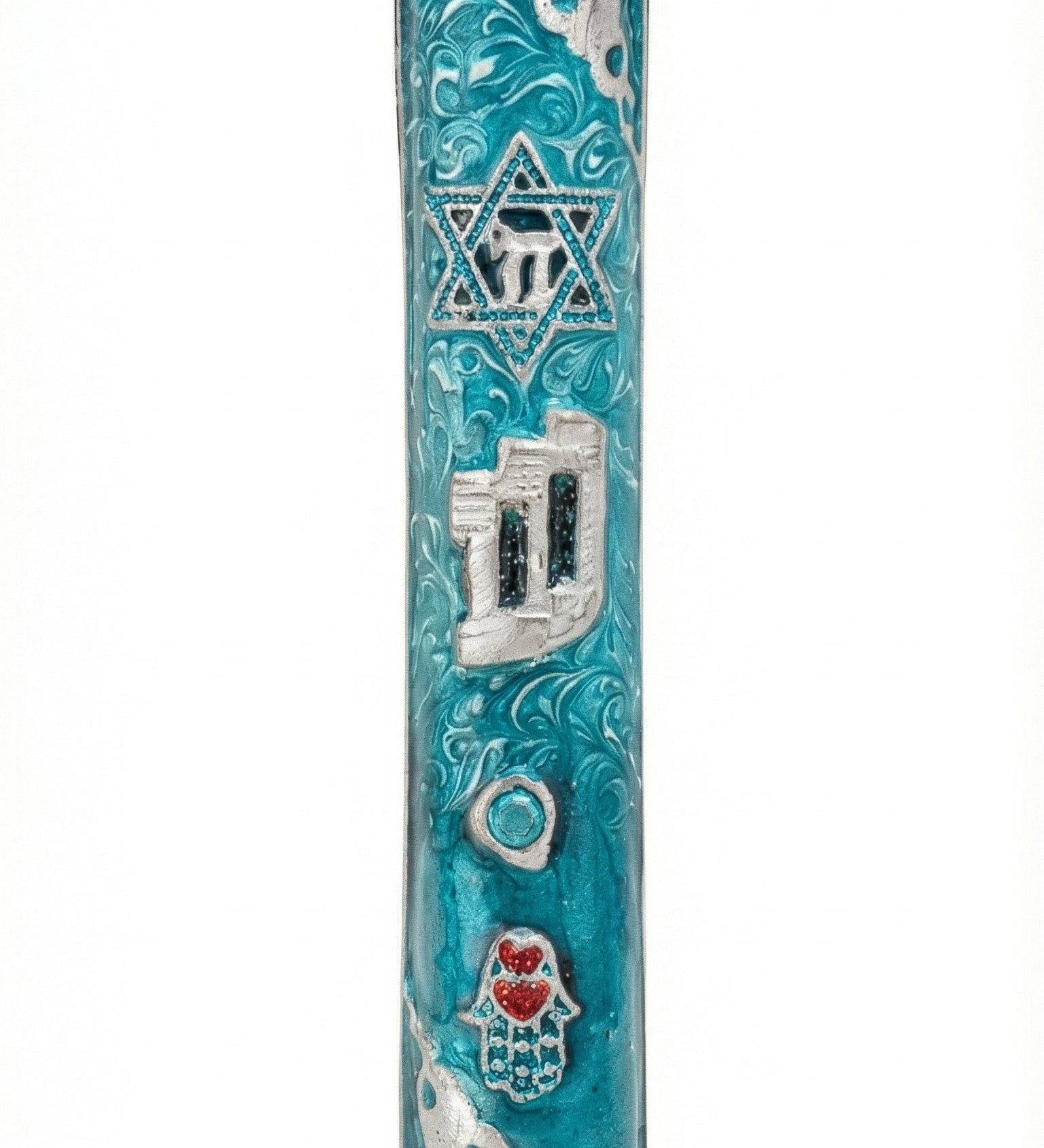 Elegant hand-painted pewter mezuzah case with turquoise enamel, silver detailing, and symbols of Jewish faith on a clean white background with soft reflection.