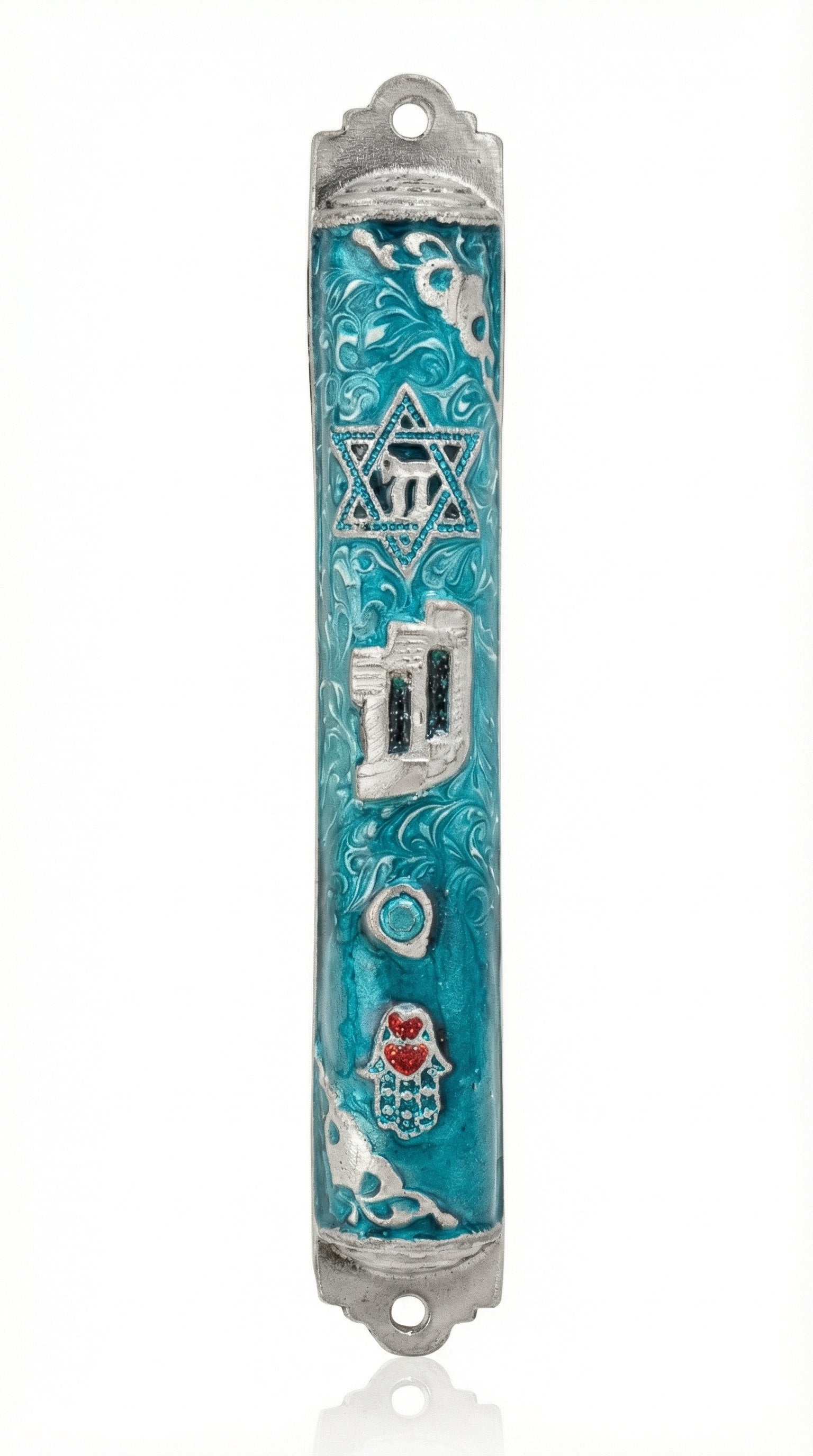 Elegant hand-painted pewter mezuzah case with turquoise enamel, silver detailing, and symbols of Jewish faith on a clean white background with soft reflection.