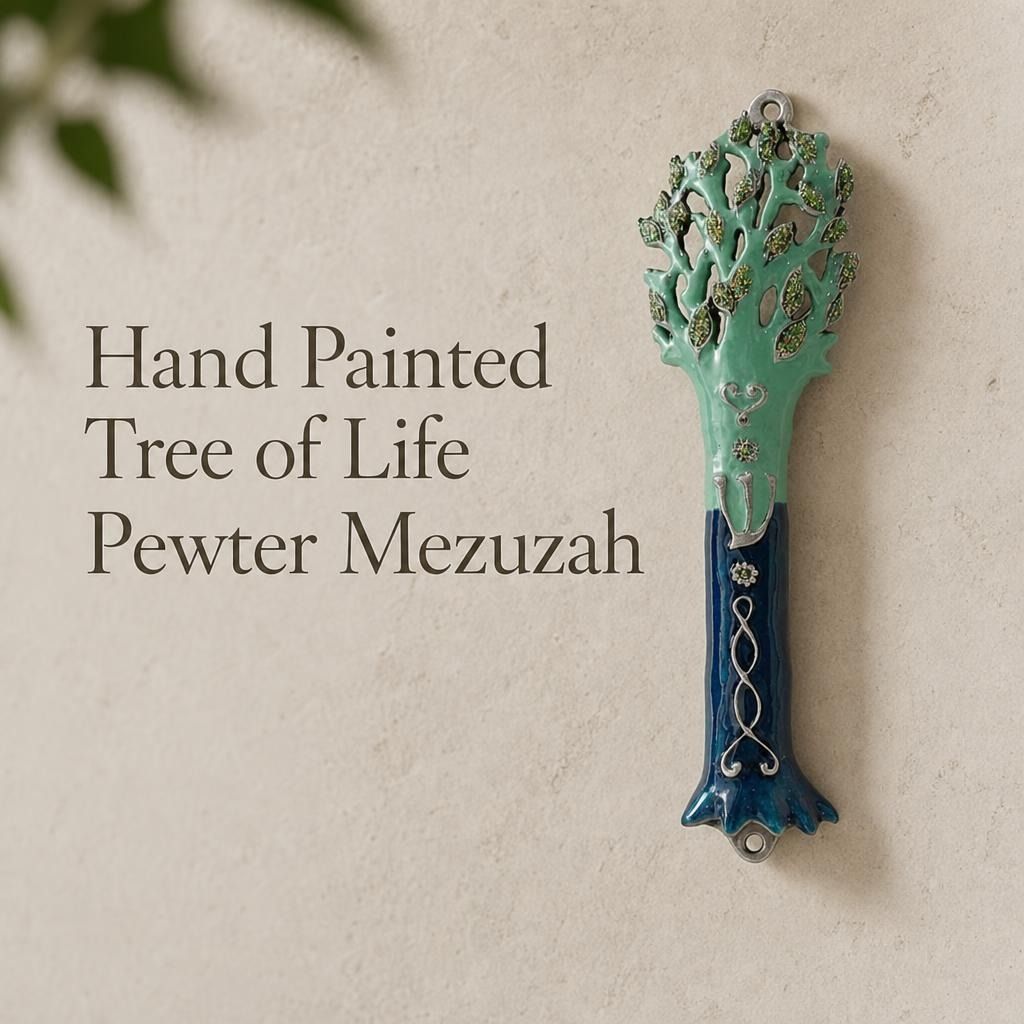 Decorative hand-painted Tree of Life pewter mezuzah case with enamel coloring and intricate Hebrew symbols for doorways.