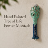 Decorative hand-painted Tree of Life pewter mezuzah case with enamel coloring and intricate Hebrew symbols for doorways.