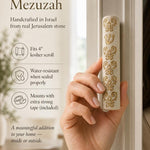 Hand held Baroque style Jerusalem stone mezuzah with decorative gold detailing for a premium home entrance.