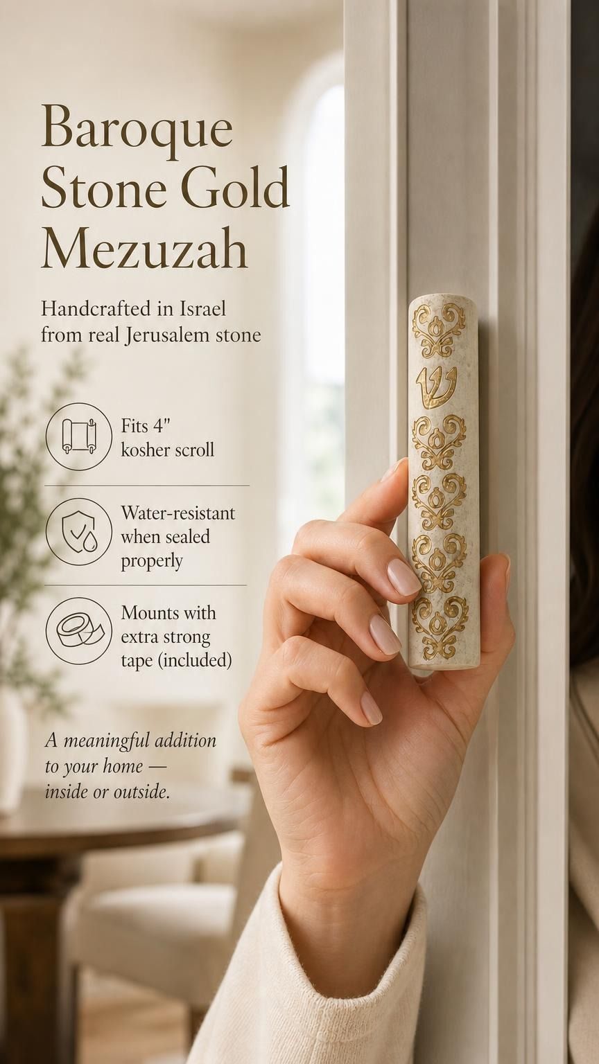 Hand held Baroque style Jerusalem stone mezuzah with decorative gold detailing for a premium home entrance.