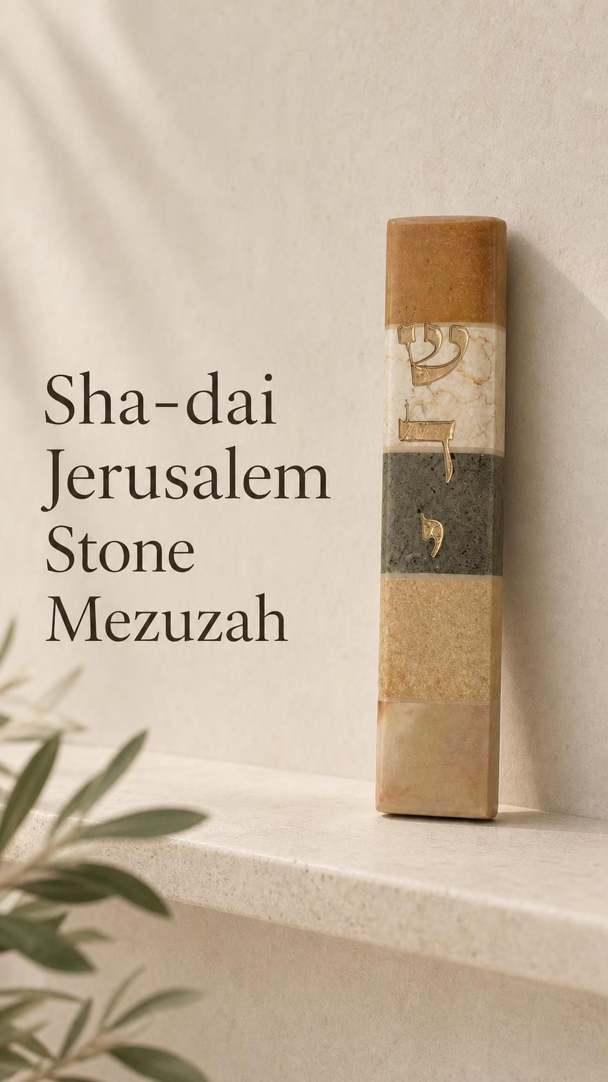 Handcrafted Jerusalem stone mezuzah case featuring gold Hebrew Sha-dai lettering, set against a pale limestone background.