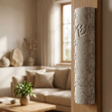 Real Jerusalem stone mezuzah mounted on a doorway, showcasing natural texture and surface characteristics.