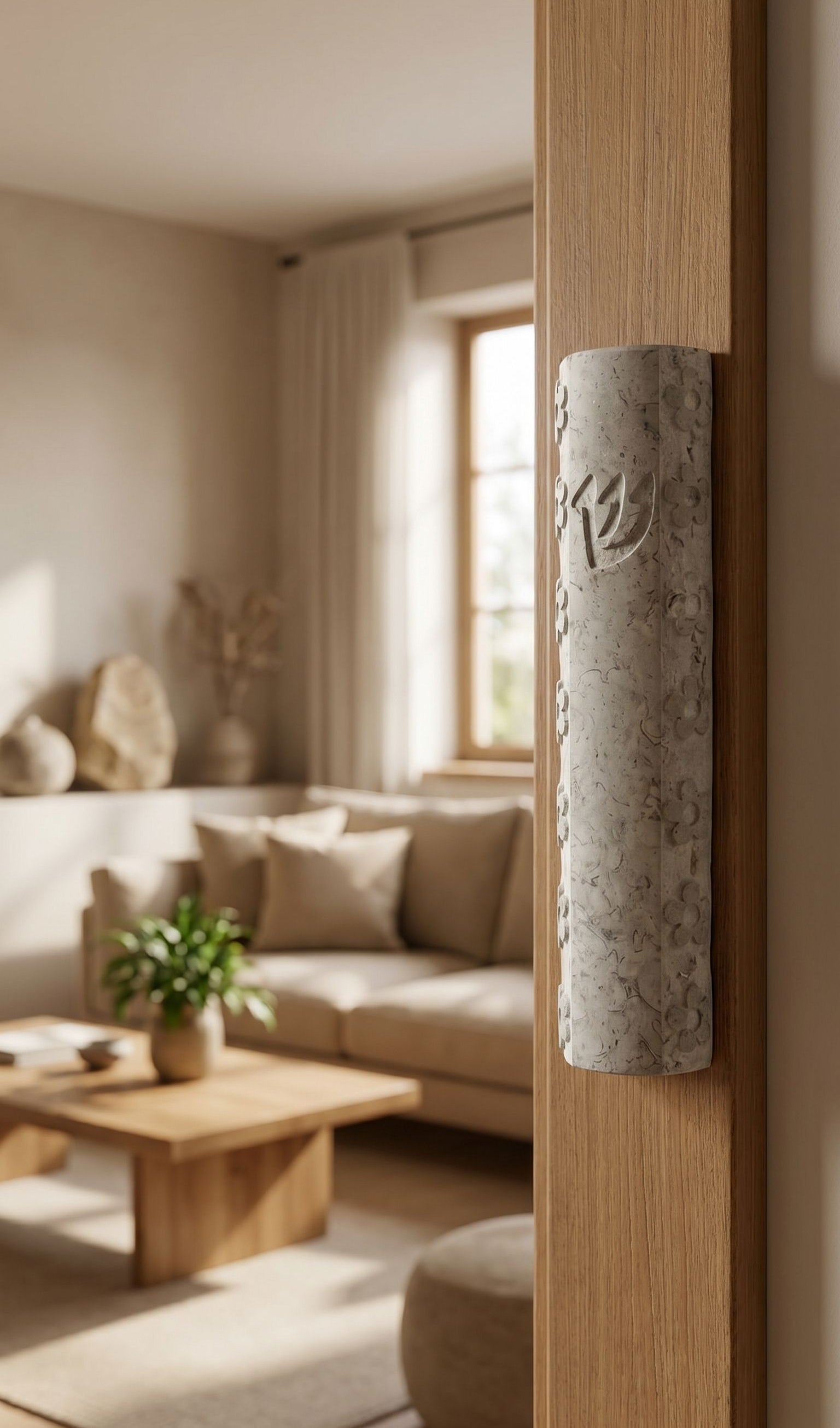 Real Jerusalem stone mezuzah mounted on a doorway, showcasing natural texture and surface characteristics.