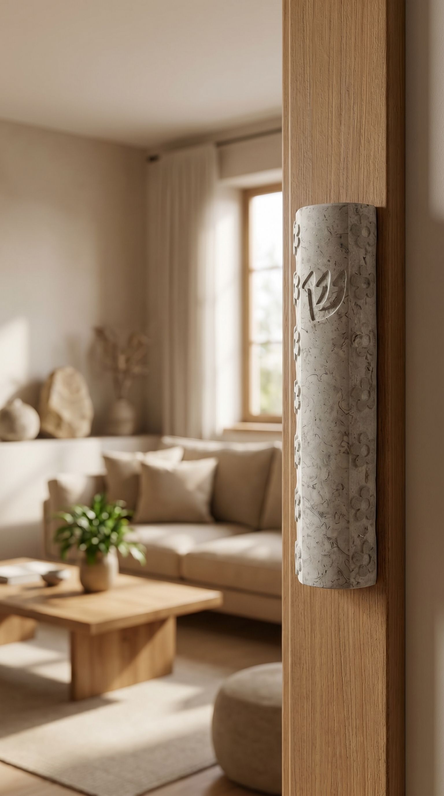 Real Jerusalem stone mezuzah mounted on a doorway, showcasing natural texture and surface characteristics.