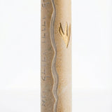 High-resolution image of a handcrafted Jerusalem stone Mezuzah with detailed engraving, texture, and decorative motifs