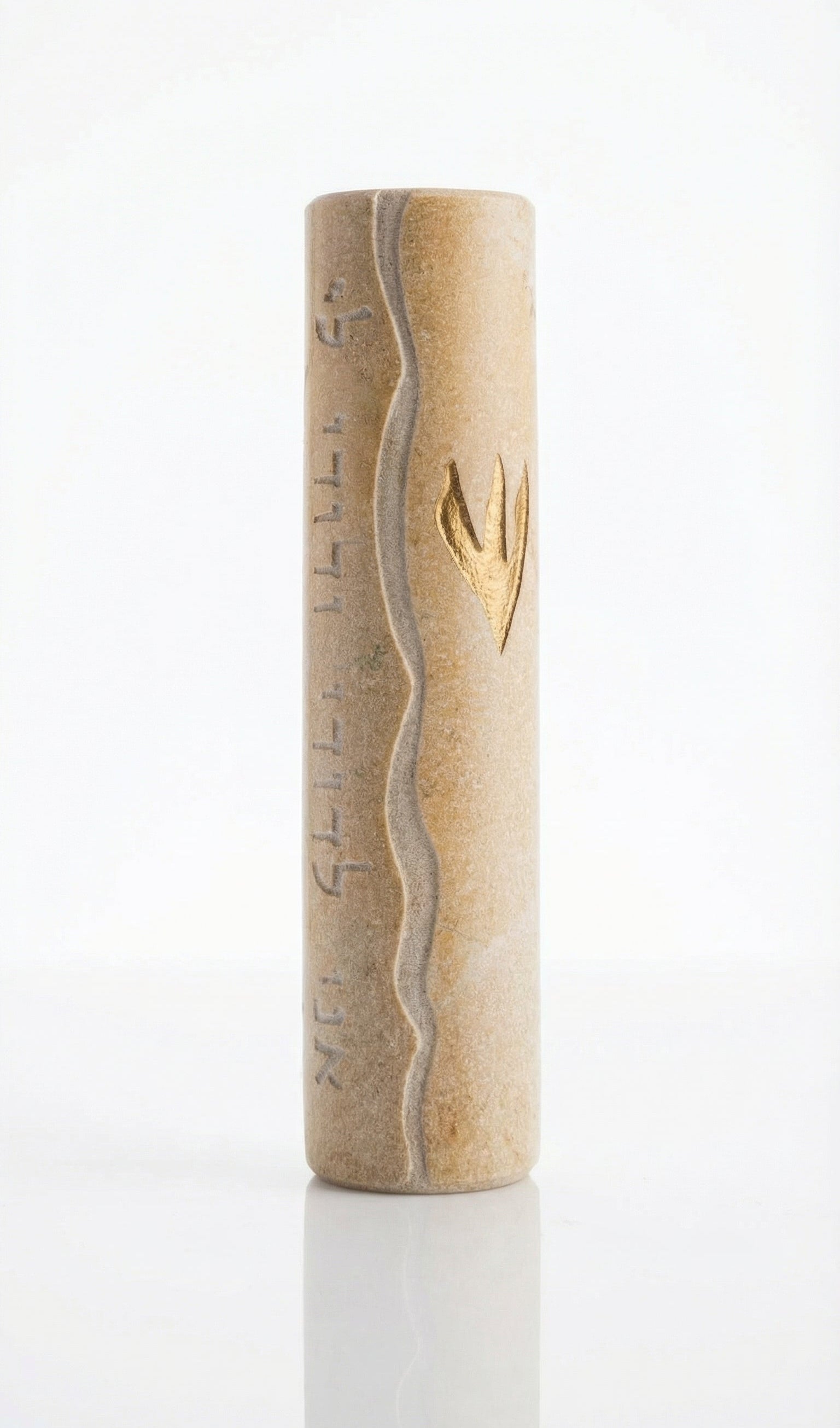 High-resolution image of a handcrafted Jerusalem stone Mezuzah with detailed engraving, texture, and decorative motifs