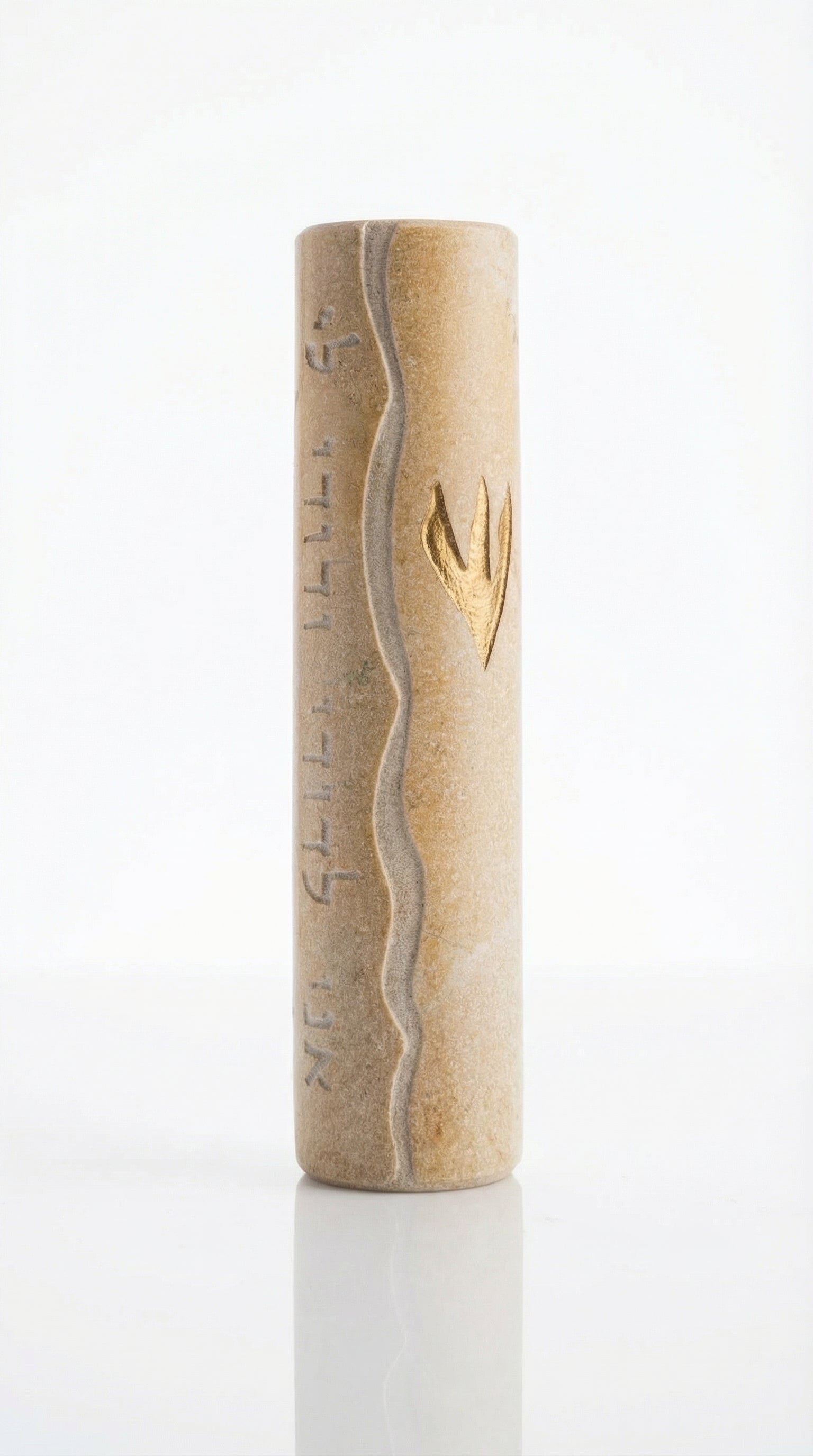 High-resolution image of a handcrafted Jerusalem stone Mezuzah with detailed engraving, texture, and decorative motifs