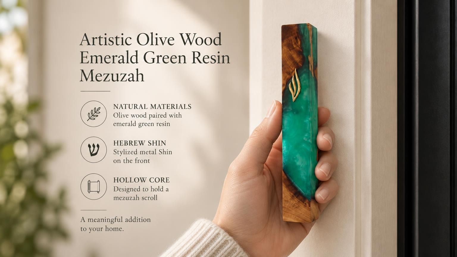 Person holding an artistic olive wood and emerald green resin mezuzah case with a gold-toned Shin letter for a Jewish home.