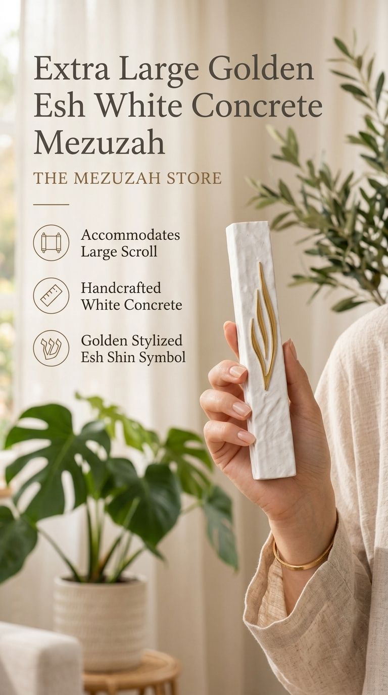 Person holding a textured white concrete mezuzah featuring a golden Shin symbol in a bright minimalist setting.