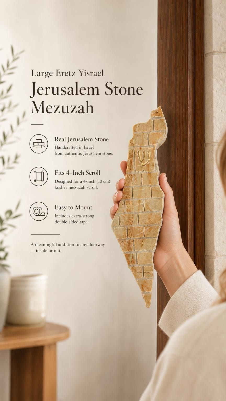 Person holding a large cream colored Jerusalem stone mezuzah with gold Hebrew Eretz Yisrael lettering and detailing.