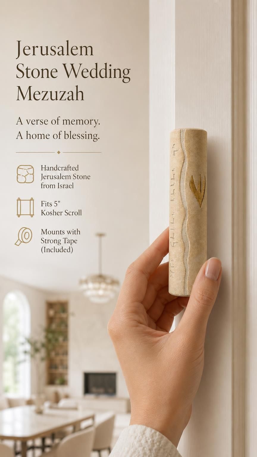 A person holding a handcrafted Jerusalem stone wedding mezuzah case with gold accents in a soft-lit editorial setting.