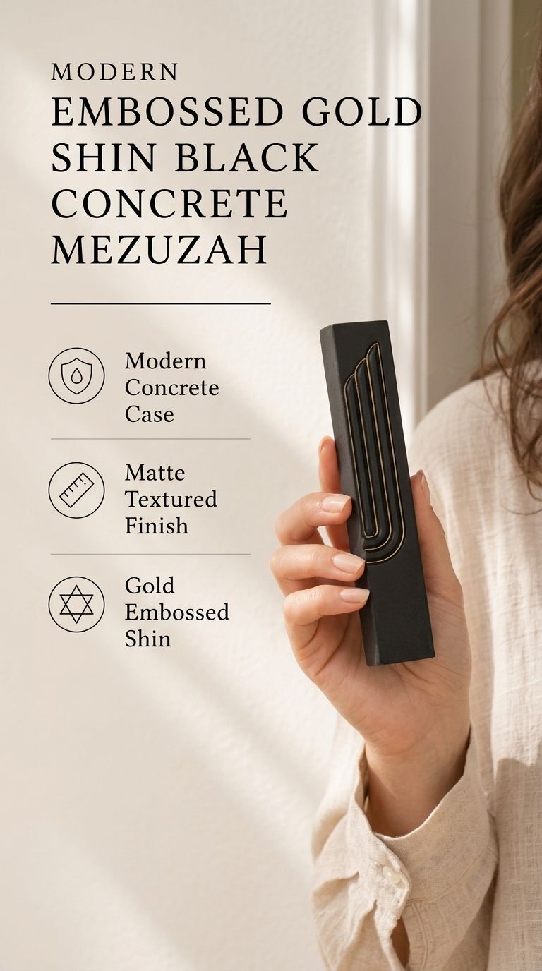 Close-up of a person holding a minimalist black concrete mezuzah with a sculpted gold-edged Shin symbol in a soft light.