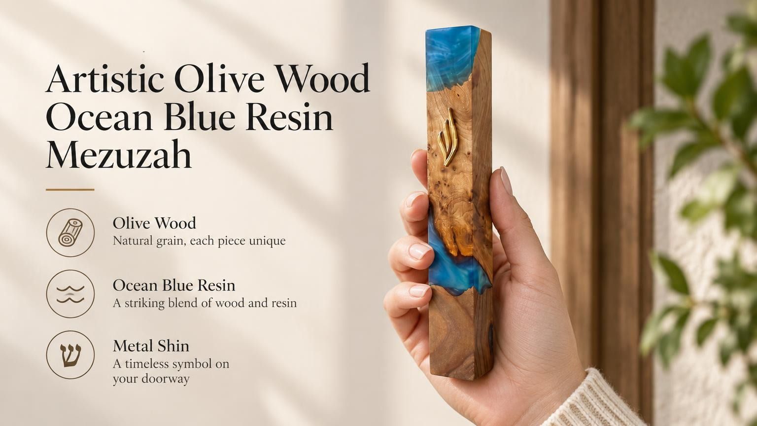 Close-up of a person holding an olive wood and turquoise resin mezuzah featuring a traditional gold Hebrew Shin symbol.