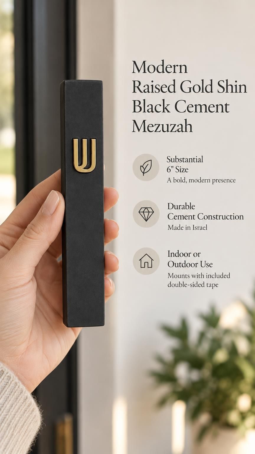 Close-up of the dimensional raised gold Shin on the smooth matte black cement face of the Timeless Israeli mezuzah case