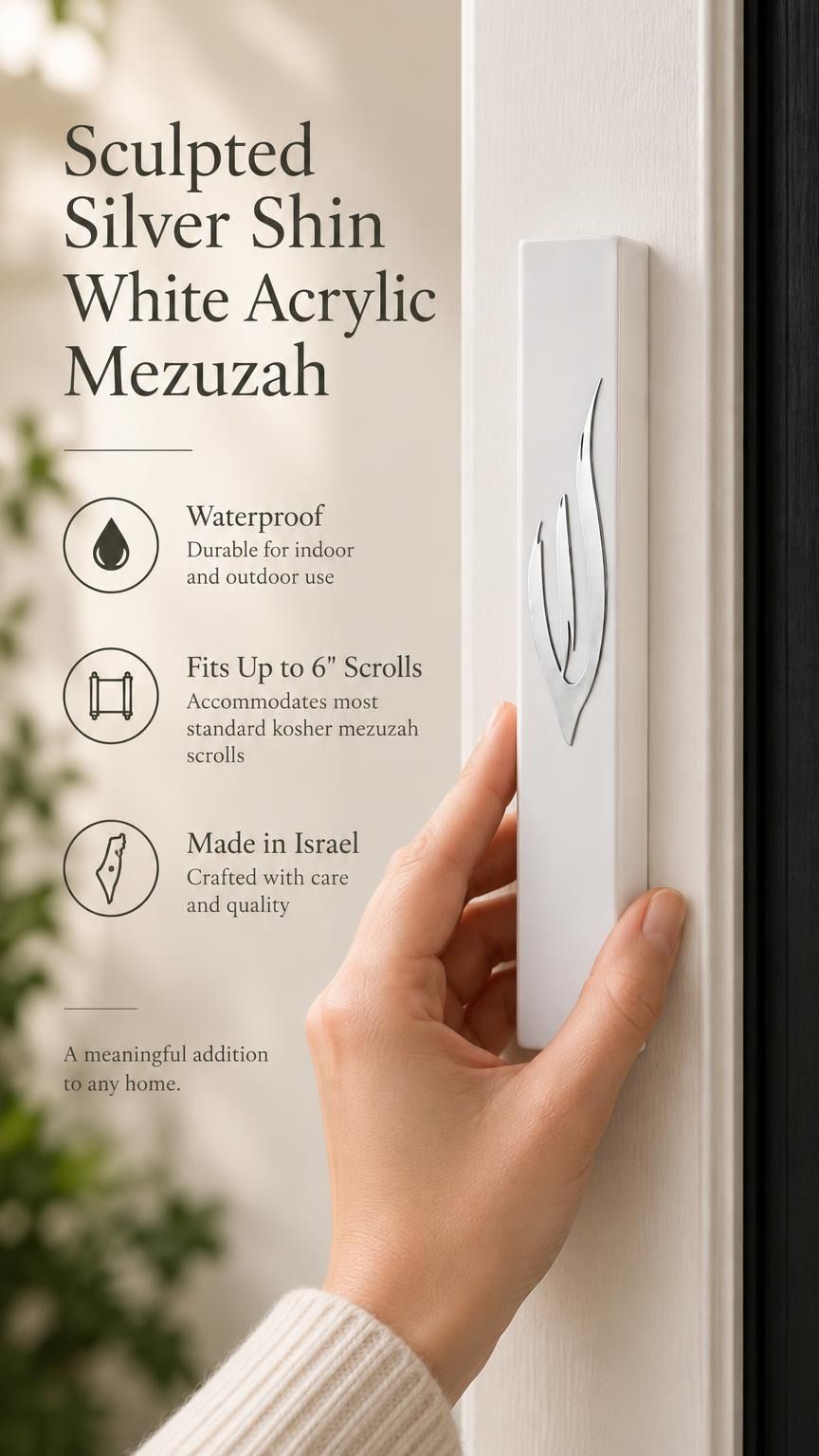 Large white acrylic mezuzah cover mounted vertically on a front doorpost, showing its slim seven-inch profile and sculpted silver Shin