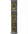 Handmade silver mezuzah decorated with colorful sequins and stones, crafted with intricate details and finished with a polished look, mounted on a white background.